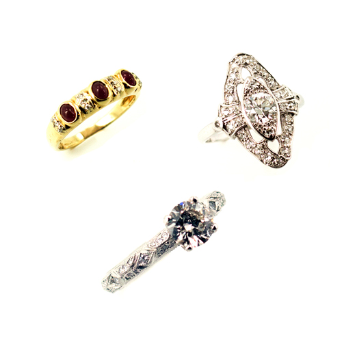 Diamond rings and estate jewelry that is in stock in our store right now.