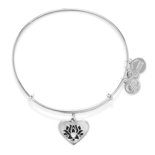 The lotus flower on a heart charm bangle designed by Alex and Ani