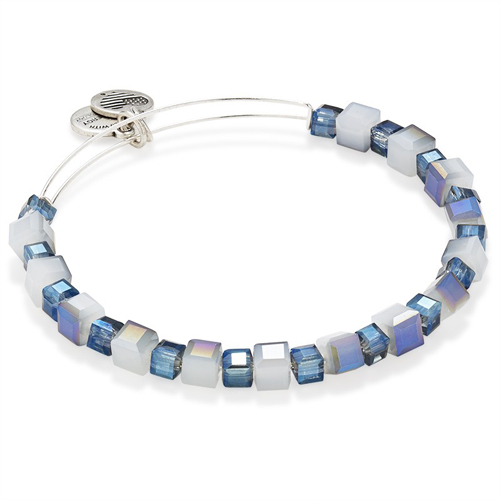 Alex and Ani created this sterling bracelet with blue and white beads.