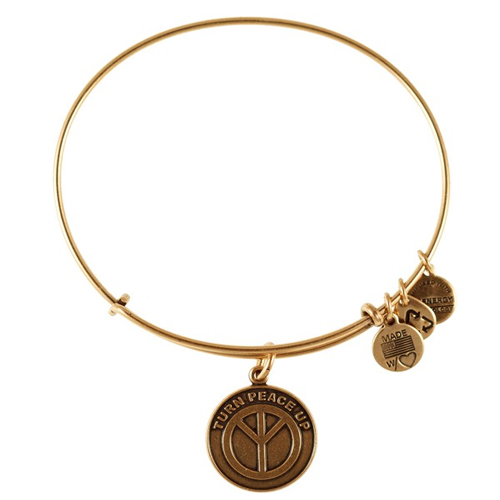 Alex and Ani designed the Turn Peace Up Bangle Bracelet.