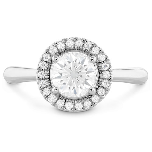 The Destiny engagement ring features a diamond halo around the round center diamond.