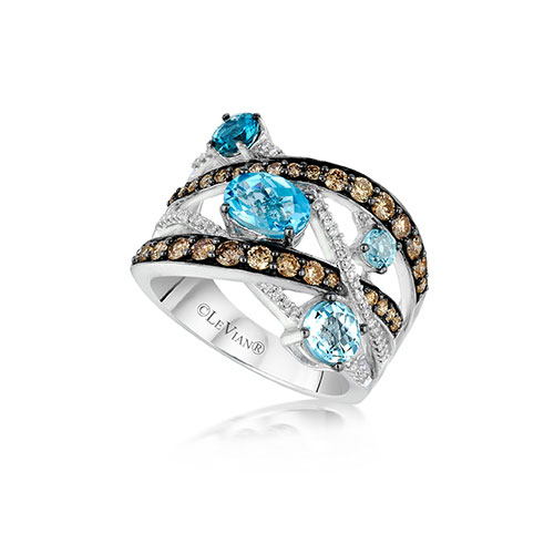 This ring features white gold and also baby blue diamonds in the setting.