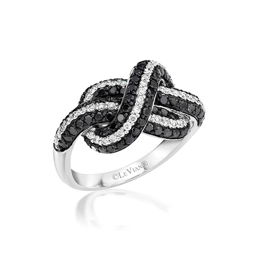 This ring looks like it is tied into a knot of black and white diamonds.