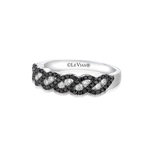 This black diamond ring appears to be braided white gold.