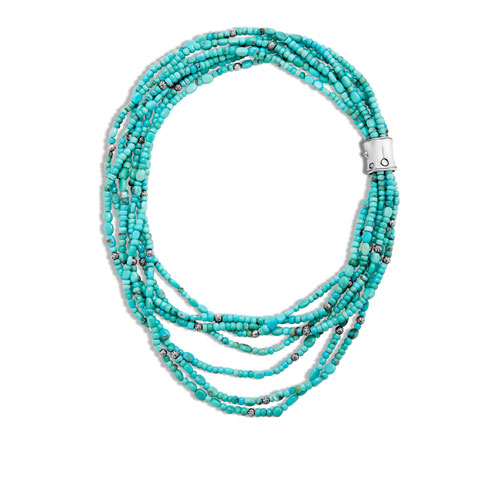 This bamboo beaded necklace features a turquoise color.