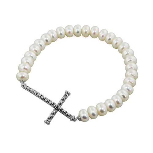 White Rondel Freshwater Pearls Stretch Bracelet by Honora