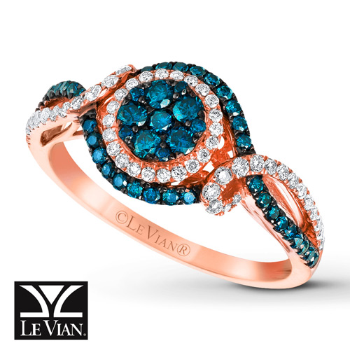 White and blue diamonds are featured in this beautiful ring by Le Vian.