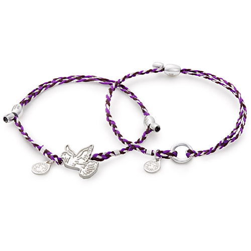 Thread bracelets in purple with dove charms.