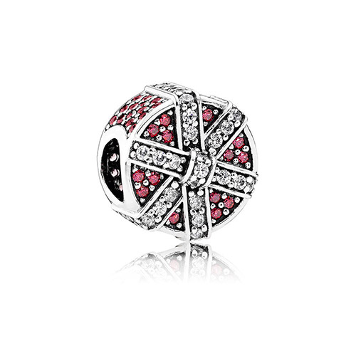 This charm features red and white cubic zirconia.