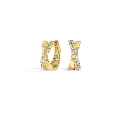 14KY diamond earrings, 1/5CTW-sleek crossover hoops in yellow gold with pave diamond detailing.