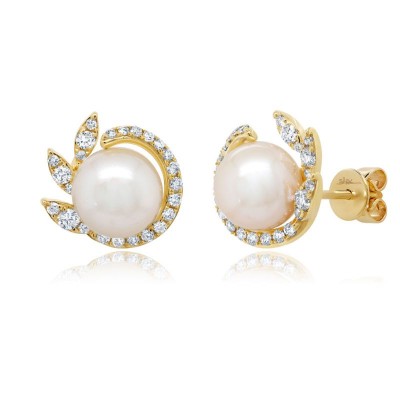 0.42ct 14K Yellow Gold Diamond & Cultured Pearl Stud Earring
