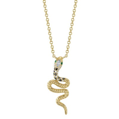 0.08ct Black & White Diamond & 0.01ct Emerald 14K Yellow Gold Snake Necklace