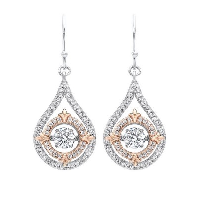 Diamond Solitaire Double Halo Fleur-de-Lis Dangle Earrings in Sterling Silver
