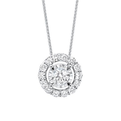 Diamond Halo Solitaire Starburst Pendant Necklace in 14k White Gold (3/4ctw)