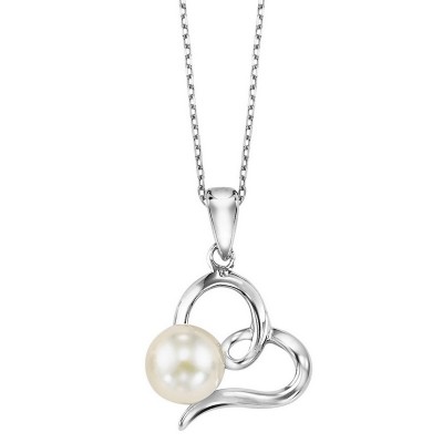 Cultured White Pearl Sideways Ribbon Heart Pendant in Sterling Silver
