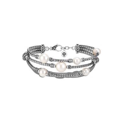 Classic Chain Silver Triple Row Bracelet with Lobster Clasp with 7-10mm Fresh Water Pearl, Size UM