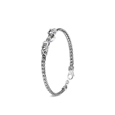 Legends Naga Silver Double Dragon Head Slim Chain Bracelet 3.5mm with Lobster Clasp with Blue Sapphi