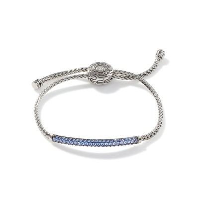 Classic Chain Silver Mini Chain Pull Through Bracelet 2.5mm with Blue Sapphire, Size M Adjustable to