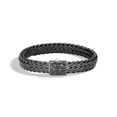Classic Chain Silver Large Flat Chain 11mm Bracelet with Pusher Clasp with Matte Black Rhodium with