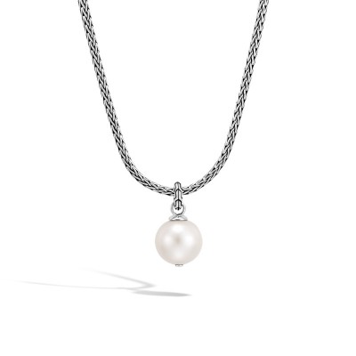Classic Chain Silver Pendant on 2.5mm Mini Chain Necklace with 11.5-12mm Fresh Water Pearl, Size 18-