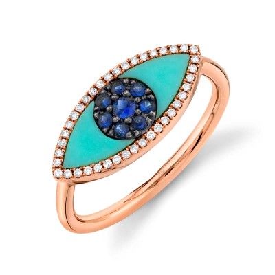 0.09ct Diamond & 0.62ct Blue Sapphire & Composite Turquoise 14k Rose Gold Eye Ring