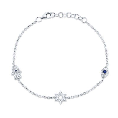 0.15ct Diamond & 0.06ct Blue Sapphire 14k White Gold Hamsa Star Eye Bracelet