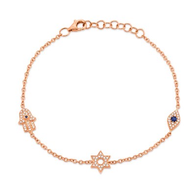 0.15ct Diamond & 0.06ct Blue Sapphire 14k Rose Gold Hamsa Star Eye Bracelet