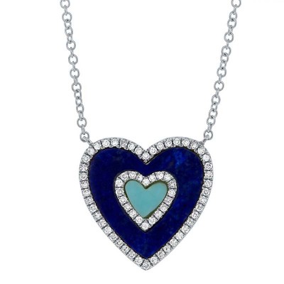 0.17ct Diamond & 0.96ct Lapis & Composite Turquoise 14k White Gold Heart Necklace