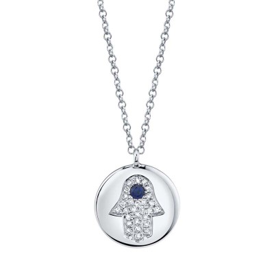 0.08ct Diamond & 0.04ct Blue Sapphire 14k White Gold Diamond Hamsa Necklace