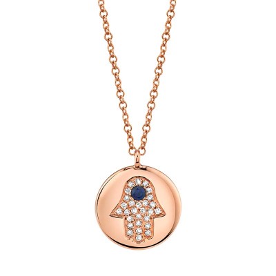 0.08ct Diamond & 0.04ct Blue Sapphire 14k Rose Gold Diamond Hamsa Necklace