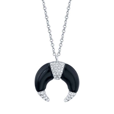 0.08ct Diamond and 1.31ct Onyx 14k White Gold Crescent Necklace