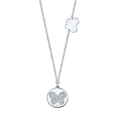 0.08ct 14k White Gold Diamond Pave Butterfly Disc Necklace