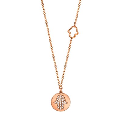 0.08ct 14k Rose Gold Diamond Pave Hamsa Disc Necklace