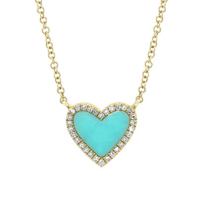 0.09ct Diamond & 0.55ct Composite Turquoise 14K Yellow Gold Heart Necklace