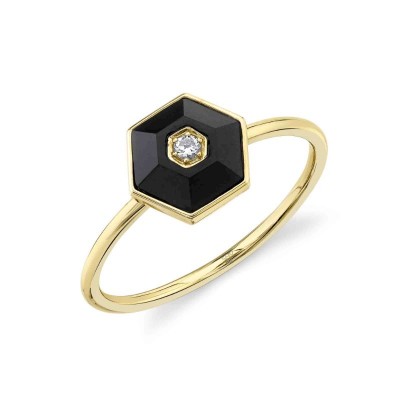 0.03ct Diamond & 0.74ct Black Onyx 14K Yellow Gold Hexagon Ring