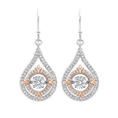 Diamond Solitaire Double Halo Fleur-de-Lis Dangle Earrings in Sterling Silver