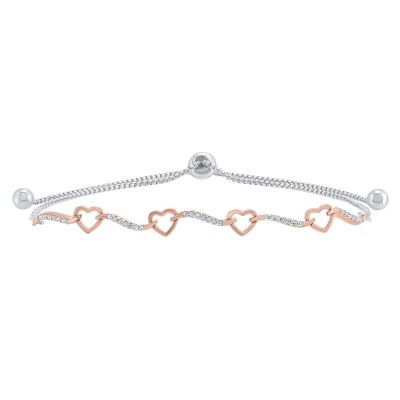 Diamond Open Heart Ribbon Bolo Bracelet in Sterling Silver - Adjustable