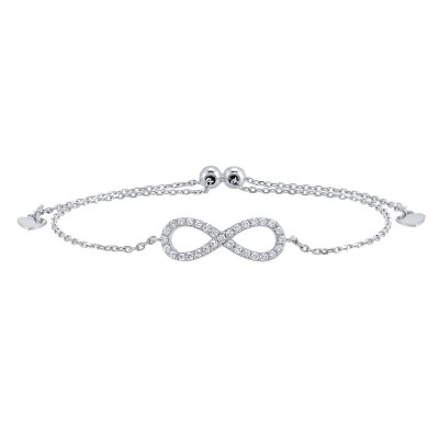 Diamond Infinity Symbol Heart Charm Bolo Bracelet in Sterling SIlver - Adjustable