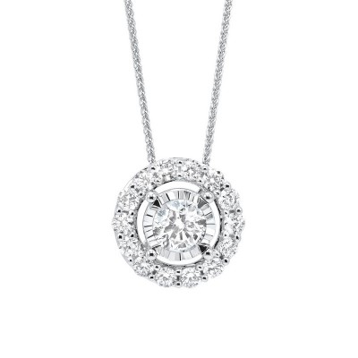 Diamond Halo Solitaire Starburst Pendant Necklace in 14k White Gold (1/10ctw)
